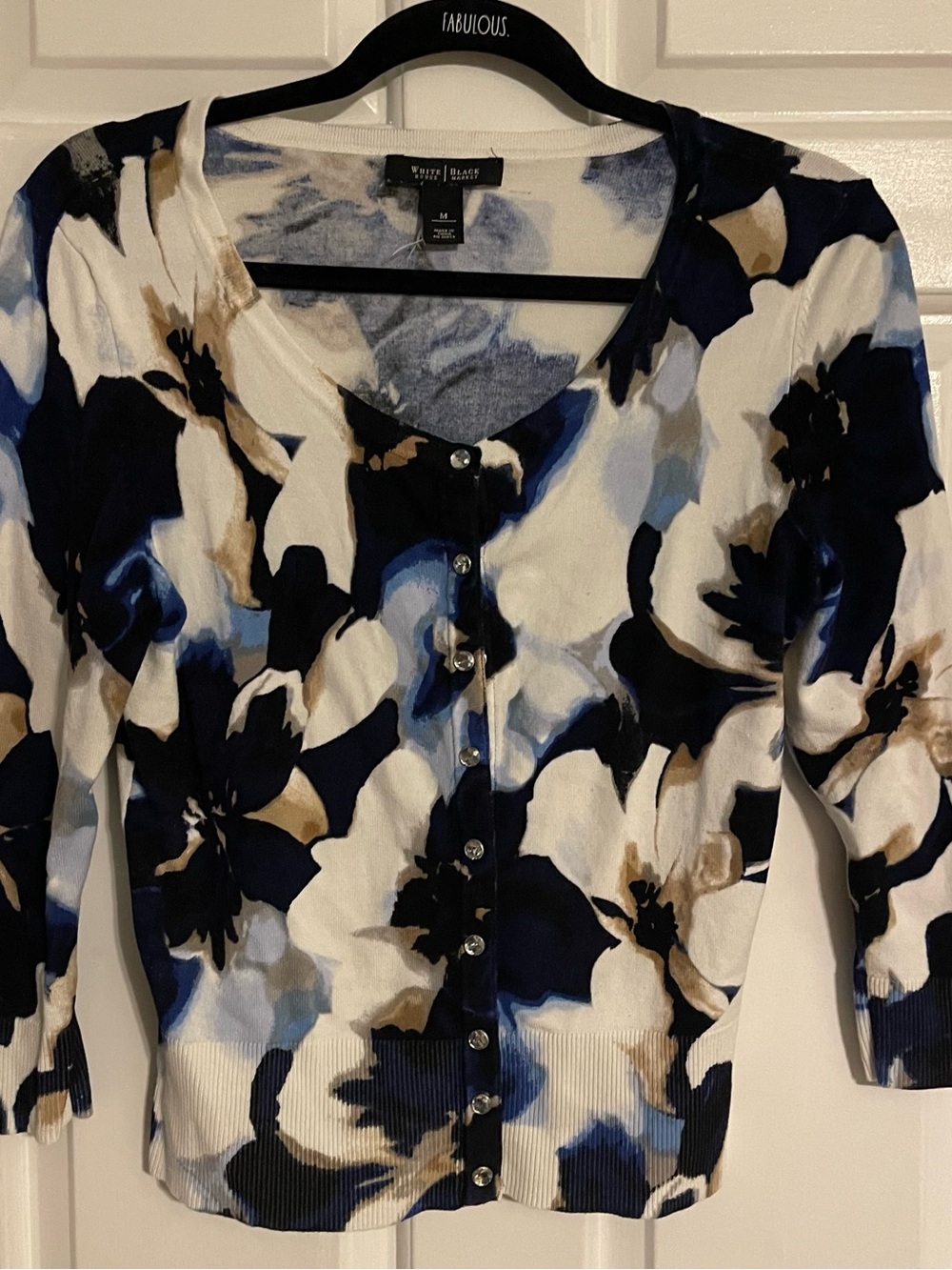 White House Black Market Navy, White & Tan Floral Button Cardigan